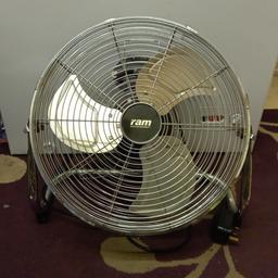 RAM 16" INCH rapid air movement floor fan in chrome metal, has three speeds, this is used but in good condition and is very powerful. Currently retailing at around £49.99.