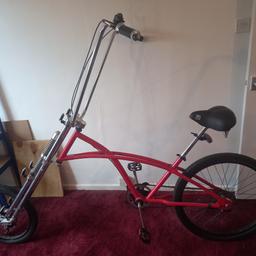American style bike brand new built from a box tested and never used again comes with lights lots of reflectors and a pump and a bigger wheel for the front if preferred. great bike for the summer but I have no time or space for it.
any questions drop me a message