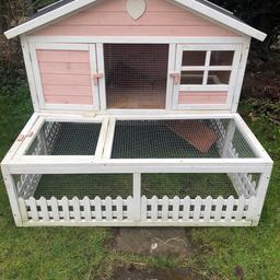 Lovely pink summer hutch for sale , has only been used twice and is still in perfect condition!!

Can be used for guniea pigs or small rabbits.

As you can see from the images it can be separated for when cleaning or when moving the hutch. Has 2 doors on ether sides for easy access when cleaning or getting the animal out , roof is in perfect condition!

Obviously has abit of chewing in the hutch but not noticeable, only selling as I do not need it anymore

H 115.5cm x W 133.5cm x D 114cm.
