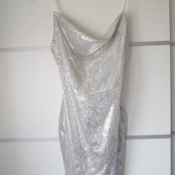MISSGUIDED BNWT Dress UK6. Strappy sequin cowl bodycon silver dress. Collection or I can post for cost( Royal Mail second class with signature £4,20). Any questions feel free to ask. All my items are on other sites. Open on sensible offers on bundle. Please have a look on my other items