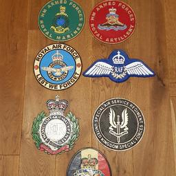 Cast Iron Armed Forces Signs - New
Measures
Royal Artillery - (SOLD)
Royal Marines - 24cm diameter
Royal Air Force - 24cm diameter
RAF Wings - 34.5cm wide x 16.5cm high
Royal Engineers - (SOLD)
REME - 20cm wide x 27.5cm high
S.A.S - 24cm diameter
Ideal for any Man Cave, Garage, Shed etc
Please Note:- The price is for 1 sign