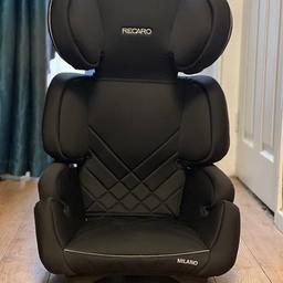 Is in excellent condition, is not isofix so can be used in front seat. Ideal for sports/bucket seats as it doesn’t damage the seat bolsters. Adjustable head support as child gets taller.
