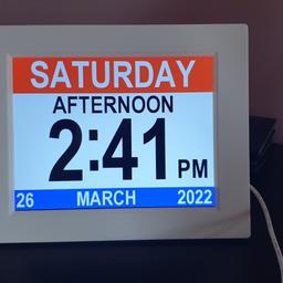 Large digital clock displaying time, date, day of the week, as well as extra info like morning, afternoon, evening, night.
Can change layouts and colours.