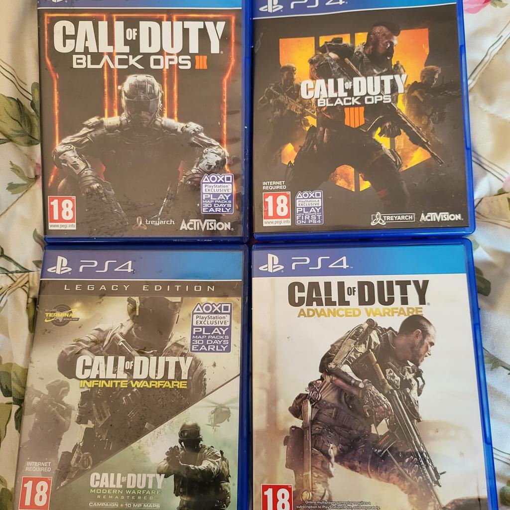 PS4 GAMES/ DIFFERENT PRICES

PS4 GAMES
All clean working
All different prices

Black ops 3 £10
Black ops 4 £15
Call of Duty: Infinite Warfare Legacy Edition £10
Call of duty advancd warfare £10

Or il take £40 pounds for all the 4 games together