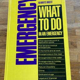 Hardback book .
Readers Digest published .
400 pages of common emergencies & how to act swiftly & tips to prevent disaster .
Eg - collapsing , heart attack , drug overdose , skidding , drowning , gas leak , burst pipes , sudden death , snake bites etc
Lots & lots of scenarios and pictures & solutions .
Really interesting & useful reading .
No missing pages - good condition .
Small mark on back cover