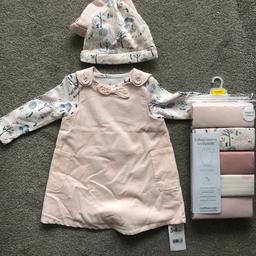 Mothercare baby girl bundle 3-6 months NEW with tags / packaging
1x pink corduroy dress and body suit set
1x 5-pack of short sleeved vests
1x 2-pack of matching hats for dress and body suit set

From a pet / smoke free home. Collection only. Cash upon collection please. Thanks