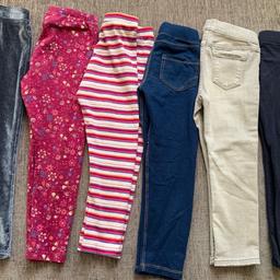 Six lovely girls leggings all in very good condition:
Two by Mini club age 3-4 (stripes and flower ones)
Two by Nutmeg age 3-4 ( jeans style + grey velvet)
Two by H&M age 2-3 ( grey jeans + blue leggings with sparkly sides). Please note there is a faint stain on grey jeans - see last photo, but hardly noticeable 

All washed. Clean. From pet free/smoke free home
