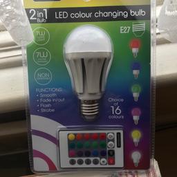Brand new in the box sealed unit
Remote control LED colour changing bulb choice of 16 colours with several functions 
(Smooth, Fade in/out, Flash & Strobe)
Bulb type is E27
Cash on collection only from Ilford area