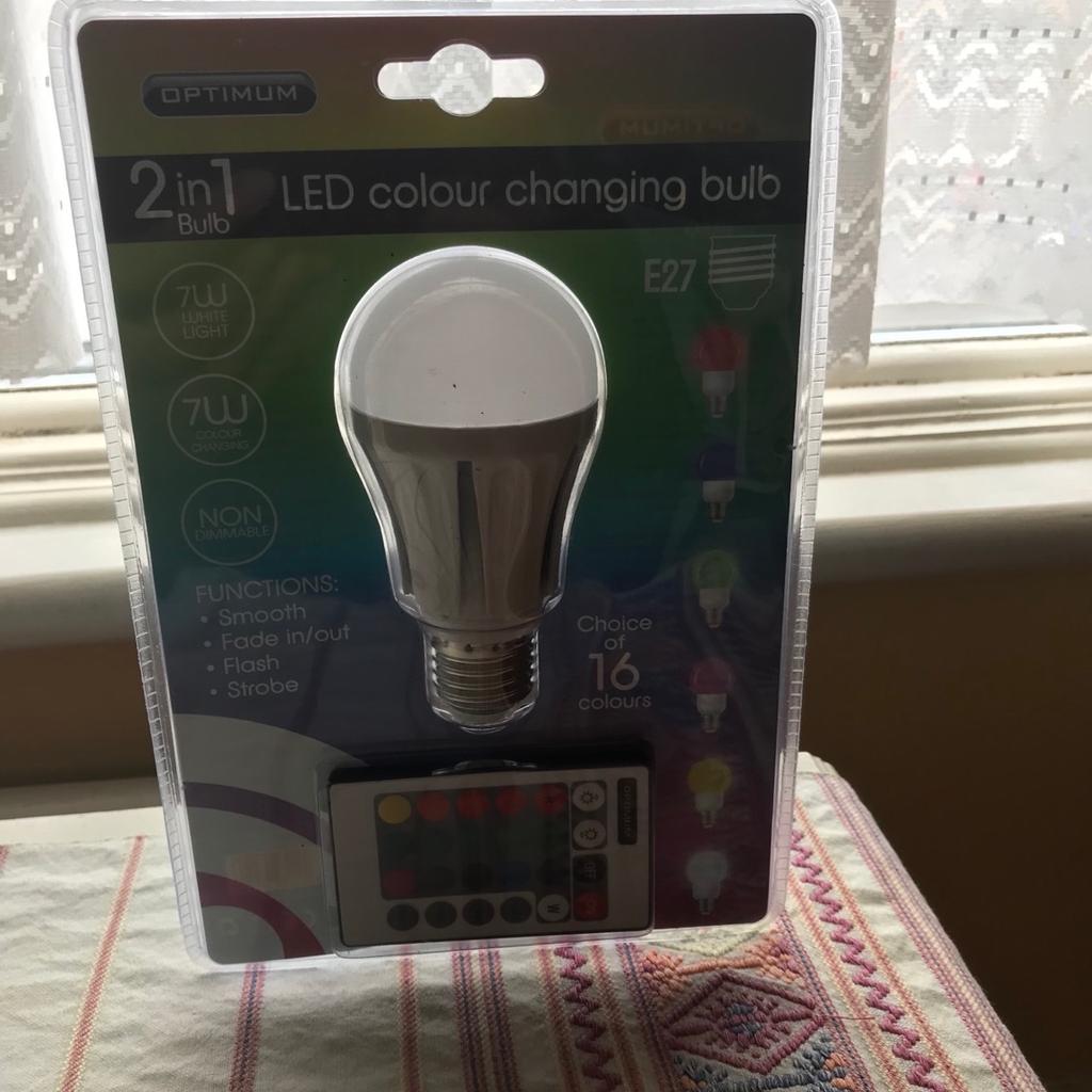 Brand new in the box sealed unit
Remote control LED colour changing bulb choice of 16 colours with several functions
(Smooth, Fade in/out, Flash & Strobe)
Bulb type is E27
Cash on collection only from Ilford area