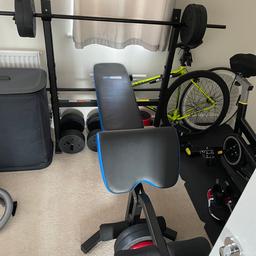 Like new used twice bought in January and don’t use any more. No marks or damage. Bench, push bar and includes 50KG in total weights. 6 X 5kg and 6 X 2.5kg plates. Red plates and dumbbell bars under bench are part of another set. Collection north Stafford ST16 £95 Ono.