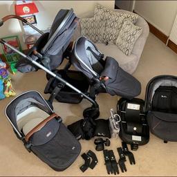 Silver cross wave double pushchair
Comes with
Chassis

Car seat
Isofix base
Footmuff
Rain cover

Carry cot
Footmuff
Rain cover

Seat unit
Footmuff
Rain cover

Tandem seat unit
Footmuff
Rain cover

Cup holder

All adaptors needed for all types of set up