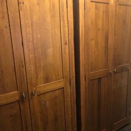 H 193cm x W 103cm x D 55cm
Two matching solid oak wardrobes (dismantled already) They are really heavy so will need two people to collect. Two dismantled sections (for front and back) still measure H 193cm x W 103cm but are much more manageable to carry than the whole wardrobe obviously!
Good condition - there is some discolouration on one of the doors but not noticeable. (see photos) Each has a second hanging rail if needed.
£80 each or £120 for the pair