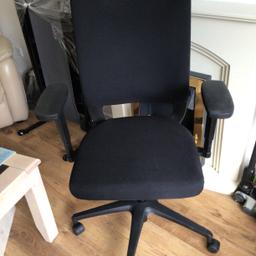 Black adjustable office chair in good condition seat goes high or low back can be adjusted to lay back arms go high or low except one which don’t go down as my daughter broke the lever of a couple of scratches on the back otherwise in good clean condition can also adjust seat to tilt forward padded seating and back welcomed to view collection only please 01268 765061 selling for £20 only as one arm don’t go down very good office chair