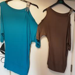 2 x batwing tops with slanted hem and beaded shoulder detail and open shoulders
1 blue
1 brown
collection or post