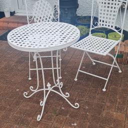 Metal Bistro set, 2 x folding chair's and table, painted with white hammerite paint.