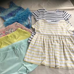 3prs stretch cotton shorts, lemon,aqua,
Pink floral.
2 smock style t-shirts, navy & white
and lemon & white.
Beautiful swim suit on shades of turquoise 
with silver scales detail and rah-rah skirt.
All 6/7 yrs and as new condition.

Payment via Shpock, PayPal or cash on collection. Happy to post.