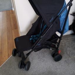 blue and black umbrella fold pushchair. excellent condition as used for grandchild. comes with universal rain over and parasol.