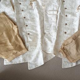 Aged 10 and Aged 14
Worn only for a few hours
Stylish with raised embroidery/ brooch/mock pocket square.
One side of Kurta styled slightly longer.
plain bottoms in gold/beige colour. Younger boys full elasticated and older boys with elastic back and zip fastening.
£20 each