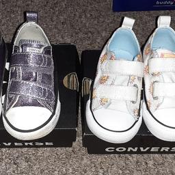 infant size 6 convers
white ones been worn once like new no marks on them.
purple glitter. worn few times, few marks probs come off with magic scrubber good condition
free collection or postage charge