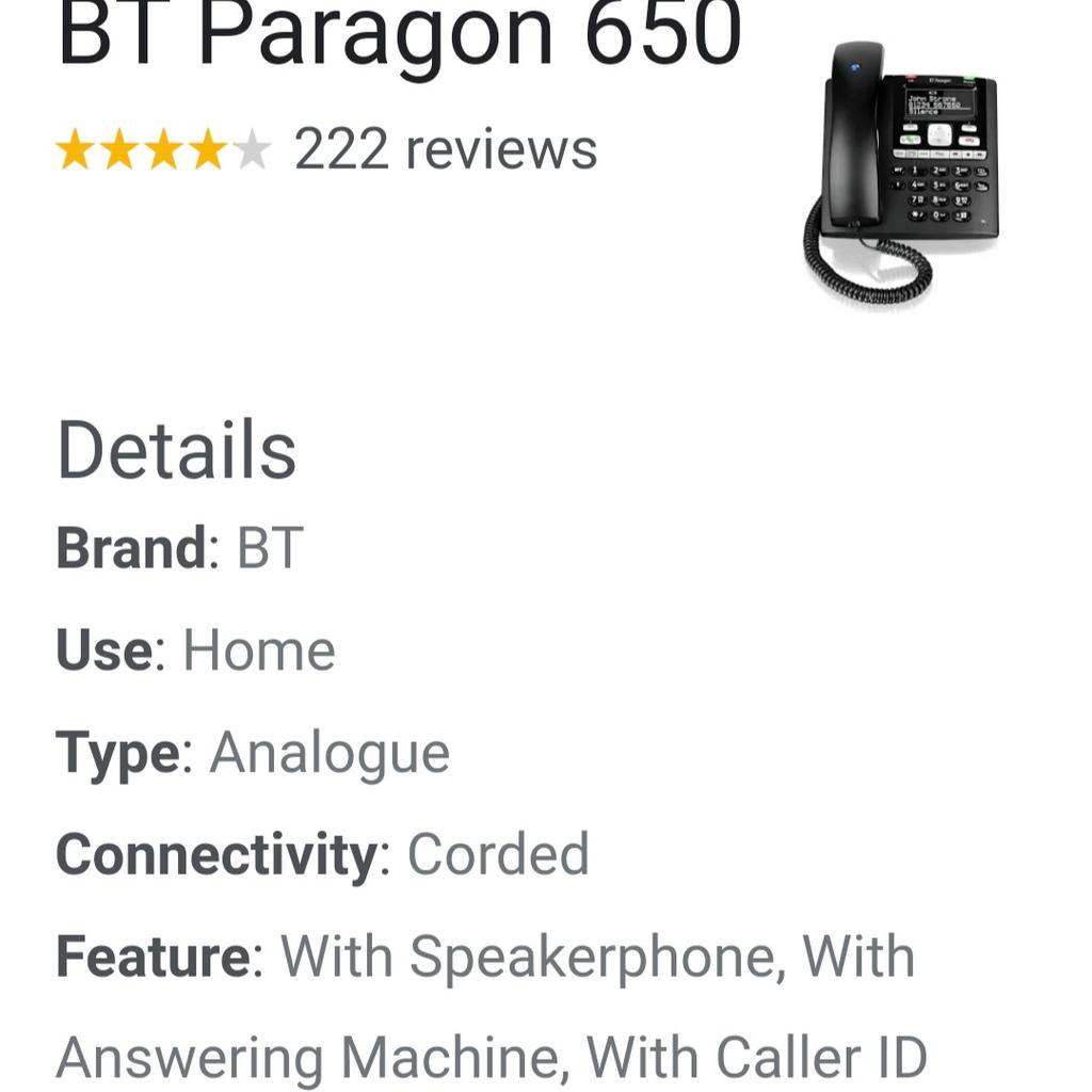 BT Paragon 650.
Desk mounting plinth.
Curly handset cord.
Mains power adapter.
Telephone line cord.
User guide.