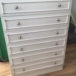 Heavy tall 6 draw chest of draws in good condition and very clean no damage apart from 2 little squares missing of corner as in picture otherwise all good chest of draws size 3ft-9ins Height/2ft-8ins Width across/19ins Depth front to back / good quality welcomed to view collection only please 01268 765061 Wickford also have matching bedside cabinets on my page
