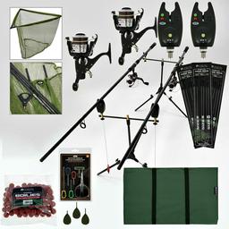 2 Rod Carp 3pc Fishing Set Up Kit With Reels Landing Net Pod Bait Mat Tackle NGT

2 x 2PC Carp Max Rods
2 x Carp Runner Reels

2 x Bite Alarms (Black Colour)

Net and Handle:

3 x Leads InLine
Boilies
6pc Baiting Tool Set
3 x Packs of 6 rigs in sizes: 6,8,10 (mixed)