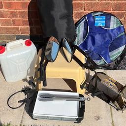 Good condition items including an arctic quality sleeping bag. Everything is clean and ready to go.
Mirrors
Step/seat
Racklette warmer and tongs
Black mat
Sleeping bag
Wheel lock
10l water container