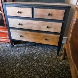 Vintage chest of drawers on casters. Waxed top and drawer front with black sides. Measures approx 92cm wide x 46cm deep x 80cm high. Cash on collection,  puck up only Mosley Common M28.