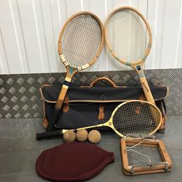 1940s/50s Dunlop Gold Dragonfly & Sporthaus Rader Klagenfurt Finest Production tennis and Spalding Top Flite badminton racquet set, complete with press, vintage tennis balls, cover and case.
