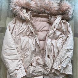Beautiful pink coat
It has a giant pinky fur
It is two coats in one , you can detach the inside for a beautiful pink spring bomber jacket
Size 10
From primark