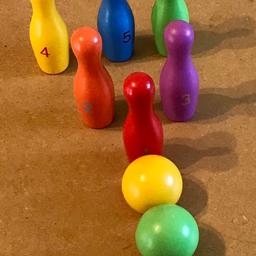 Coloured Wooden Skittles Set 10cm Tall. 6 Skittles And 2 Balls. VGC.