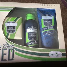 Ted Baker mens gift set consists of
Hair and body wash
Soap
Body spray
Brand new in box