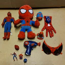 mix of spider man toys 

12" plush
10" plush 
glasses
watch
and other items

from a pet and smoke free home
