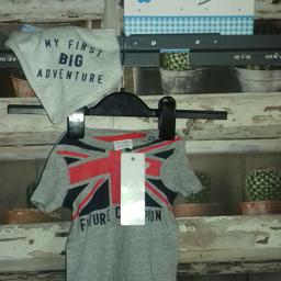 THIS IS FOR A BUNDLE OF BRAND NEW ITEMS

1 X GREY ALL IN ONE WITH ENGLAND THEME
1 X MY FIRST CURL CHINA BOX AND LID
2 X BIBS WITH ADVENTURER THEME
1 X GIFT BAG

PLEASE SEE PHOTO