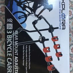 3 bike carrier. Rear mount fully adjustable to fit most types of car and 4 x 4. Folds flat. East to install. Never used. Cash only please.