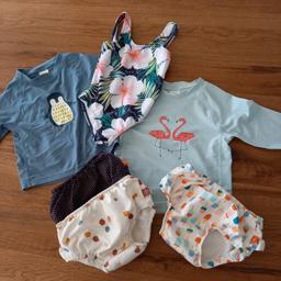 Badesachen Baby von Lässig, Shirts mit Lichtschutzfaktor 40+, mit passendem Sonnenhut - verschiedene Größen ab 7 Monate bis 18 Monate, Badeanzug von Roxy für 1-2 Jahre 