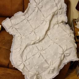 White Baby Cot Blanket for sale with leaf design and lace edging....a lot of love and effort have gone into this 😍 . Second picture shows design in more detail. Size is 50 X 39.5 inches.