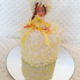 Beautiful lace doll toilet roll holder made in lemon and white toilet roll included also gift wrapped ready to give as a gift