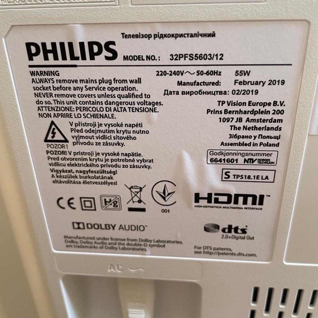 •• KEIN TAUSCH ••

- weißer Philips Full HD LED TV / Fernseher (32PFS5603/12)
- 80 cm / 32 Zoll Bildschirmdiagonale
- hergestellt im Februar 2019, gekauft im Juli 2019
- integrierter Receiver
- habe ihn die letzten anderthalb Jahre als zweiten Monitor im Home Office genutzt
- top Zustand!
- 2 HDMI Anschlüsse & 1 SCART

Kein Versand! Nur an Selbstabholer in 66869 Schellweiler