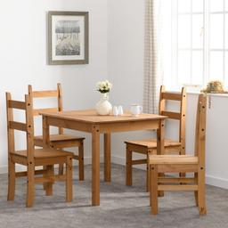 The extremely competitive and compact dining table with four chairs makes the popular Mexican look affordable for everyone. The range is expertly crafted from solid pine and hand waxed to protect, preserve as well as enhance the grain.

100 x 80 x 75

40.5 x 47.5 x 99

Product Materials

PINE

Extra Information

Table:

Top Thickness 18mm

Leg Thickness 65mm X 40mm

Height Below Frame 640mm

Chair:

Seat Pad Size W405 D455mm

Seat Pad Height 450mm

Backrest Size H540mm

Leg Thickness 55mm X 25mm

Compatible With Faux Leather Seat Pad