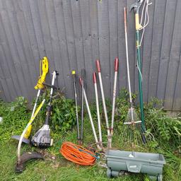 hand tools, electric Strummer (working), petrol Strummer (was working last time I used it... probably needs fresh petrol) lawn seeder. other tools as shown. all need a clean but perfectly good.