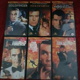 Six James Bond films on VHS/PAL - From Russia with Love, Goldfinger, Diamonds are Forever, The Living Daylights, Tomorrow Never Dies and Goldeneye. All tapes tested and working, cases in used but good condition. £2.50 for all tapes, willing to split for 50p each. As well as free collection from us, we also offer UK postal delivery for £3.19.