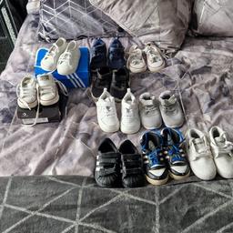 Boys named trainers
1st row size 5
2nd row size 5.5
3rd row size 6.5
4th row converse size 7 Nike size 7.5
converse in box size 3
Adidas in box size 4
All trainers are only £5 a pair as I haven't got time to wash them all as got loads of boys clothes and trainers etc to sell
 collect only