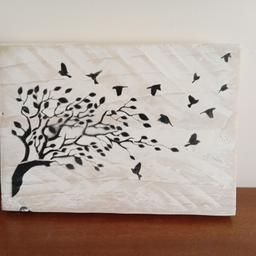 'Birds Taking Flight' Wall Art.
Handmade from reclaimed timber. Approx. 20x15cm size. Can be wall hung or stand on a shelf or mantelpiece. Has a varnished finish to preserve the image and make it hard wearing. The piece has been painted with Rustoleum Clotted Cream chalk paint and then sanded down for a distressed appearance.
All our items are handmade from reclaimed timber which has been carefully sourced from a reputable company to ensure the best quality.