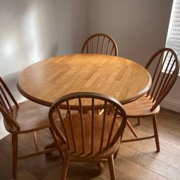 Solid wood 4 seater dining table. One of the spindles is missing on one of the chairs and it has a few scuffs. Very good quality would recommend for maybe a rental property.