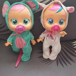 cry babies dolls x 2 one mouse in costume one unicorn costume both working cry real tears when filled water  great condition collect m23 or can post 3.70 pls check my other items bargain galore 😀
