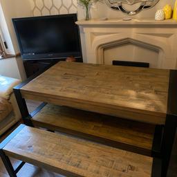 Hudson Table and two Benches in good condition, few marks on metal work due to normal wear and tear. H = 76cm L = 150cm W =80cm. Viewing welcome, Collection only.
