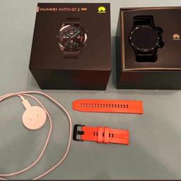 HUAWEI Watch GT 2 Smartwatch (46 mm Full-Color-AMOLED Touchscreen, SpO2-Monitoring, Herzfrequenzmessung, Musik Wiedergabe, 5ATM wasserdicht, GPS) Matte Black, mit orangen Ersatzband, sehr guter Zustand!