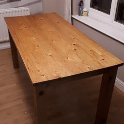 Natural wood table, some slight marks but easily removed by sanding down and stained.
measurements are in the pictures reason for sale table too big.