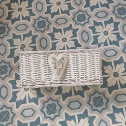 38cm wide, 15cm deep and 15cm tall white washed wicker basket with decorative heart with bird . collection only